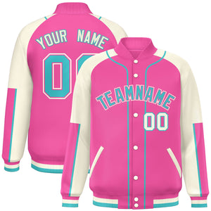 Custom Pink Cream-Pink Raglan Sleeves Varsity Full-Snap Letterman Baseball Jacket