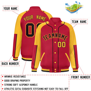 Custom Red Gold-Red Raglan Sleeves Varsity Full-Snap Letterman Baseball Jacket