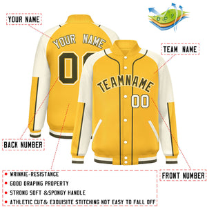 Custom Gold Cream-Gold Raglan Sleeves Varsity Full-Snap Letterman Baseball Jacket