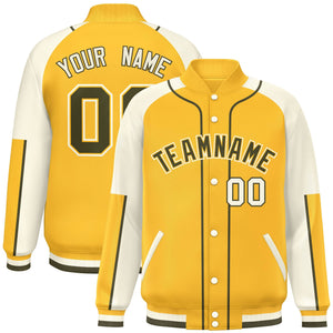 Custom Gold Cream-Gold Raglan Sleeves Varsity Full-Snap Letterman Baseball Jacket