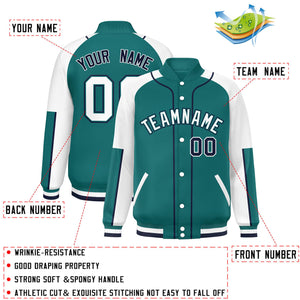 Custom Aqua White-Aqua Raglan Sleeves Varsity Full-Snap Letterman Baseball Jacket