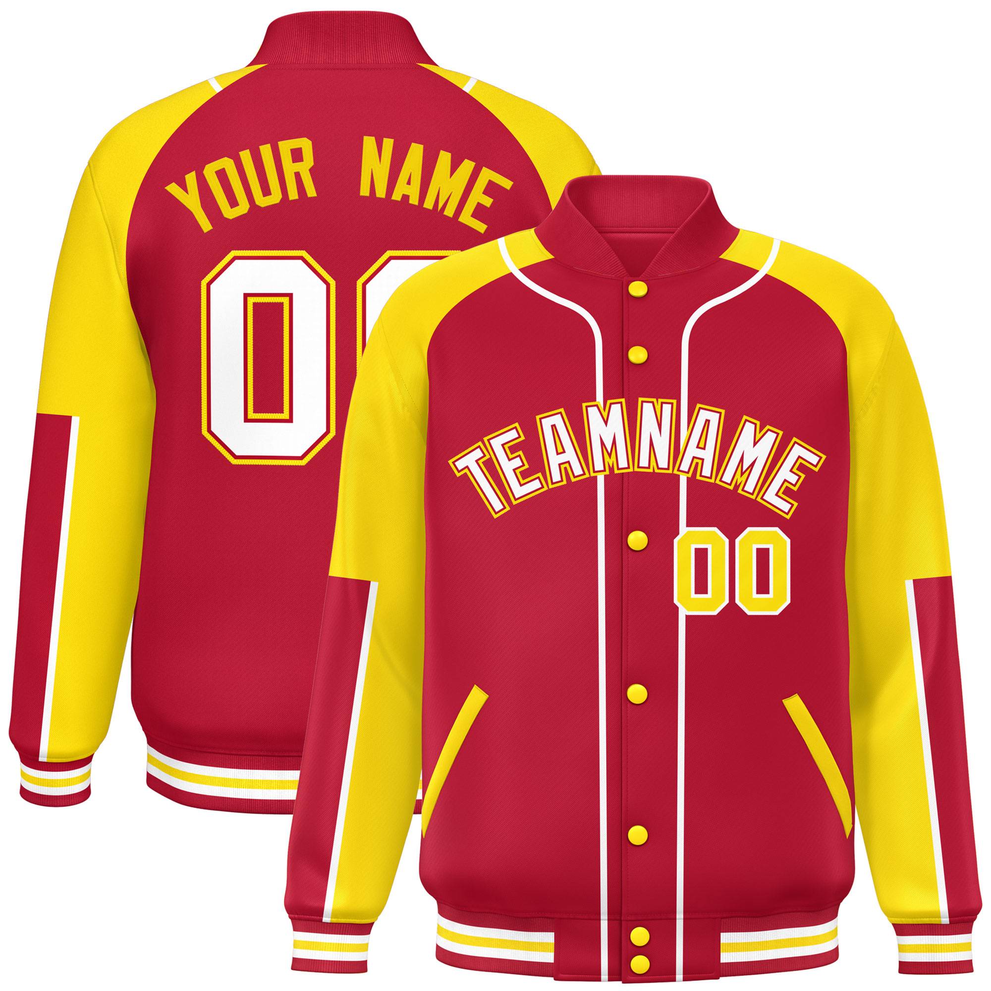 Custom Red Yellow-Red Raglan Sleeves Varsity Full-Snap Letterman Baseball Jacket