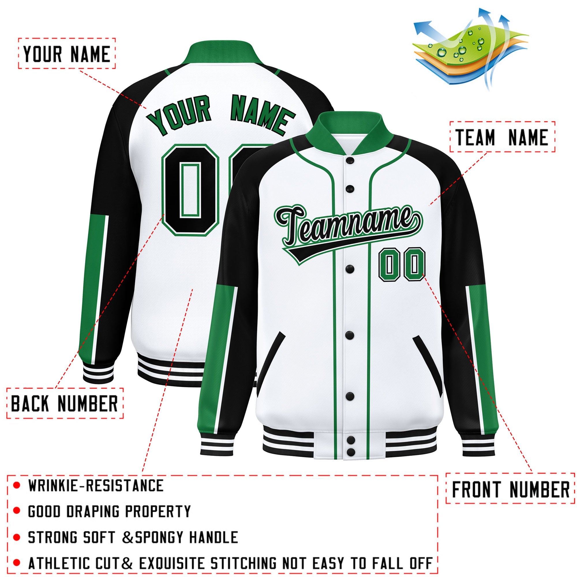 Custom White Black-Kelly Green Raglan Sleeves Varsity Full-Snap Letterman Baseball Jacket