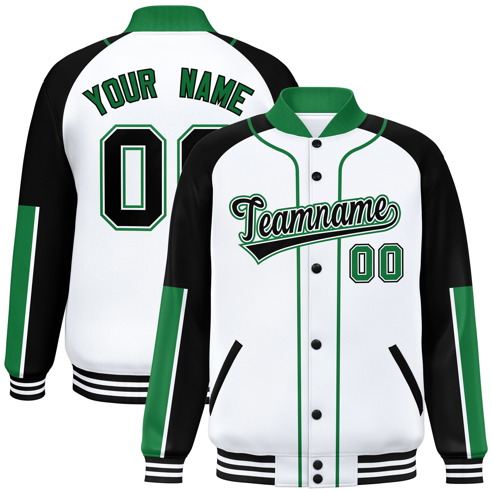 Custom White Black-Kelly Green Raglan Sleeves Varsity Full-Snap Letterman Baseball Jacket