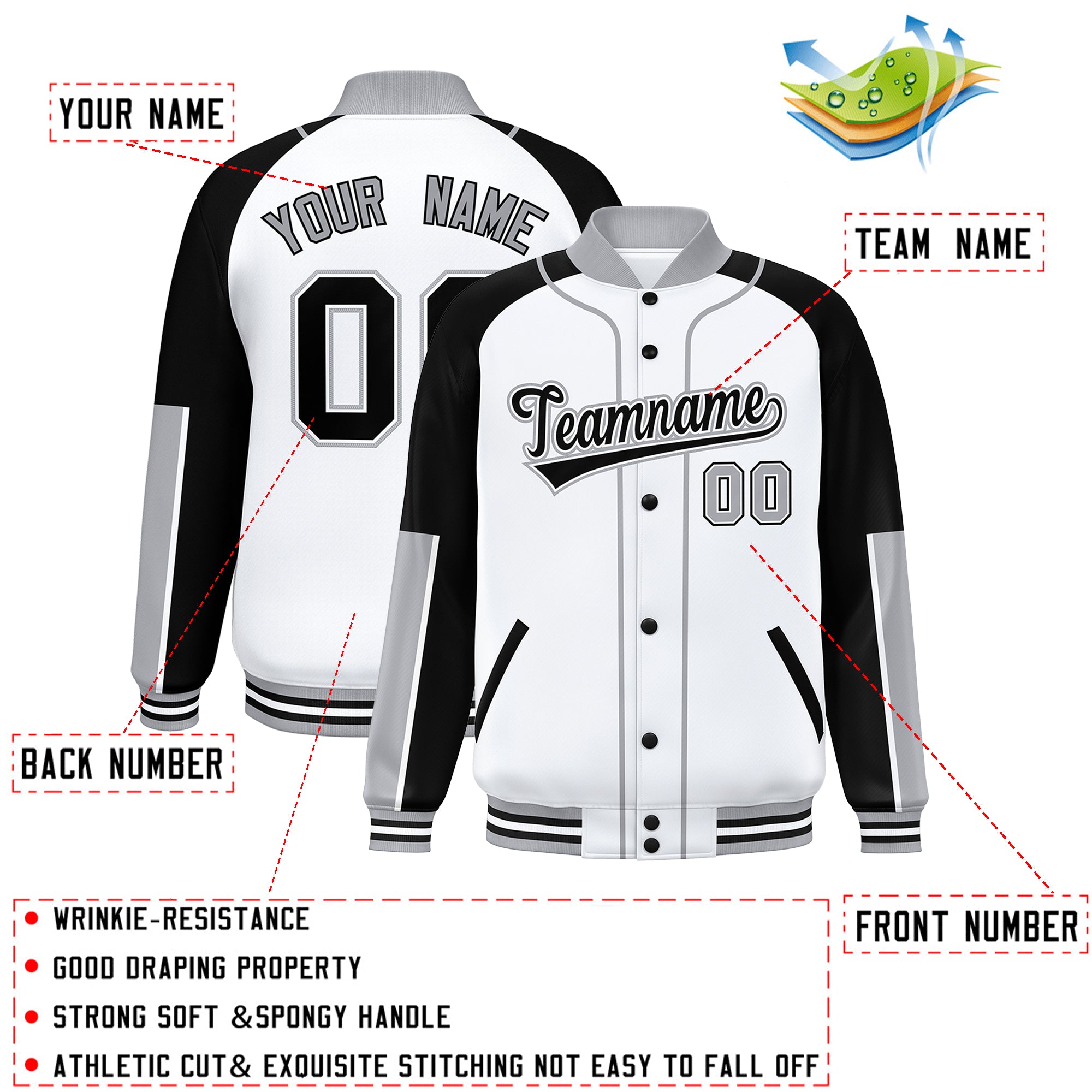 Custom White Black-Gray Raglan Sleeves Varsity Full-Snap Letterman Baseball Jacket