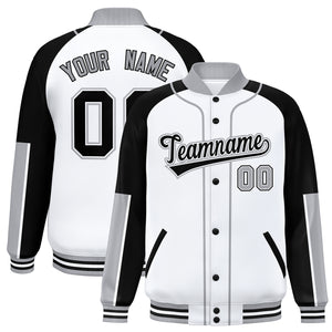 Custom White Black-Gray Raglan Sleeves Varsity Full-Snap Letterman Baseball Jacket