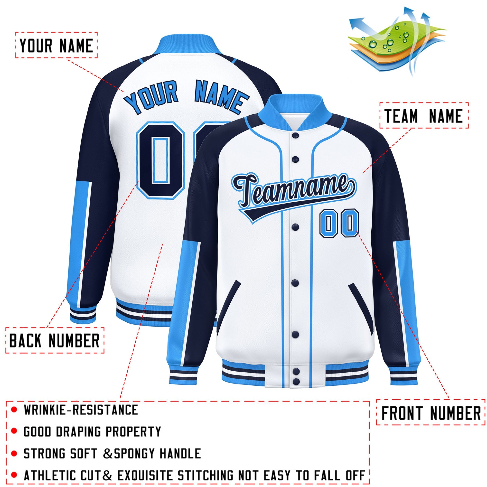 Custom White Navy-Powder Blue Raglan Sleeves Varsity Full-Snap Letterman Baseball Jacket