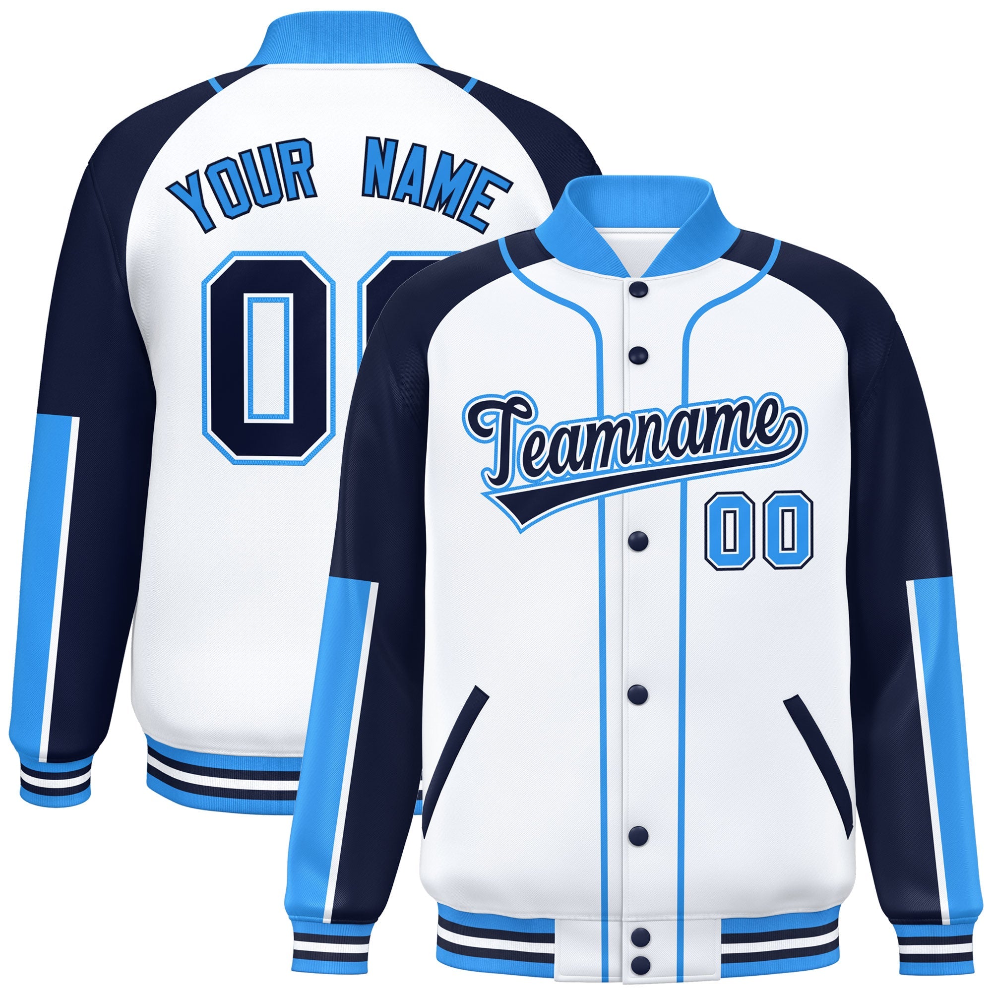 Custom White Navy-Powder Blue Raglan Sleeves Varsity Full-Snap Letterman Baseball Jacket