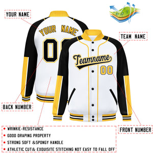 Custom White Black-Gold Raglan Sleeves Varsity Full-Snap Letterman Baseball Jacket