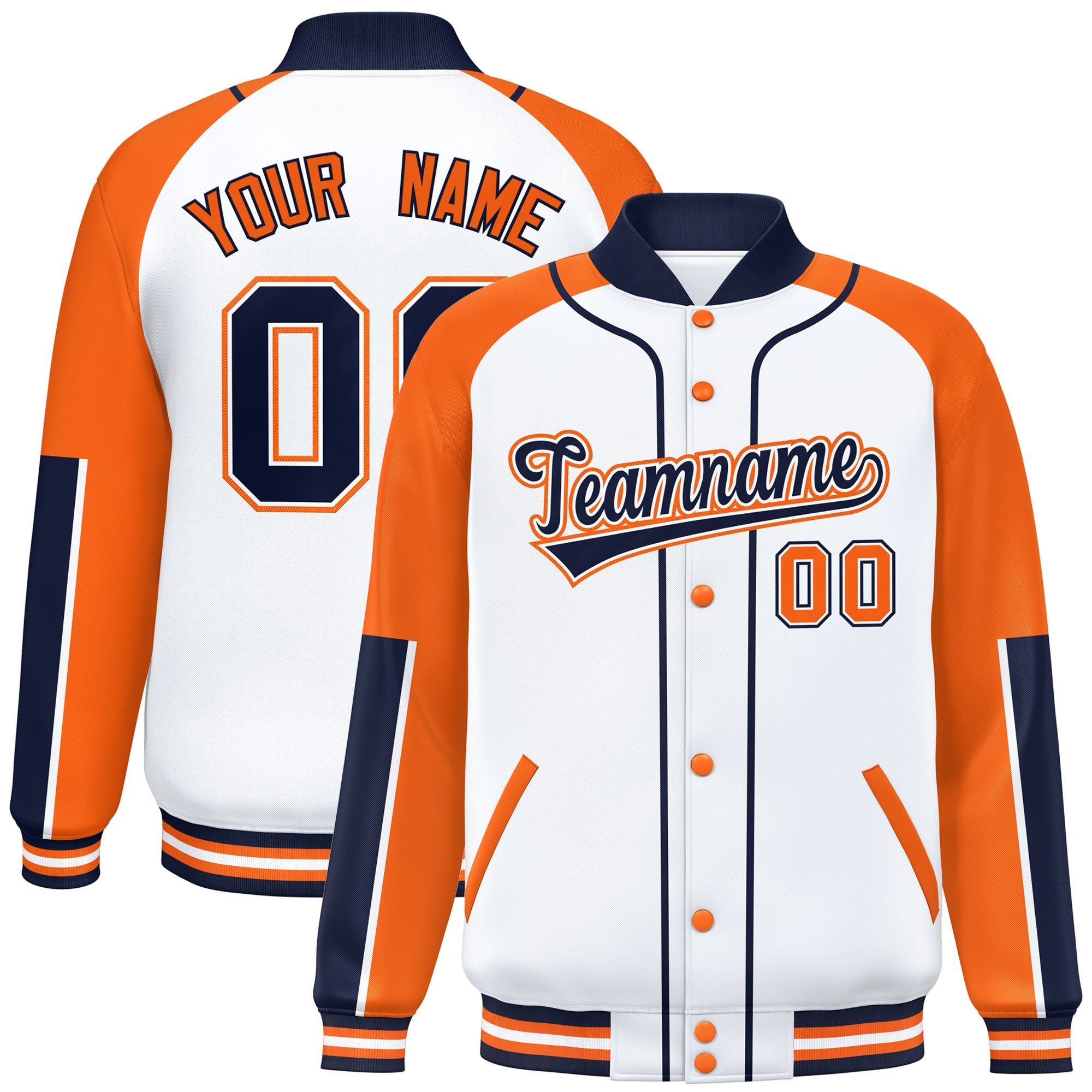 Custom White Orange-Navy Raglan Sleeves Varsity Full-Snap Letterman Baseball Jacket