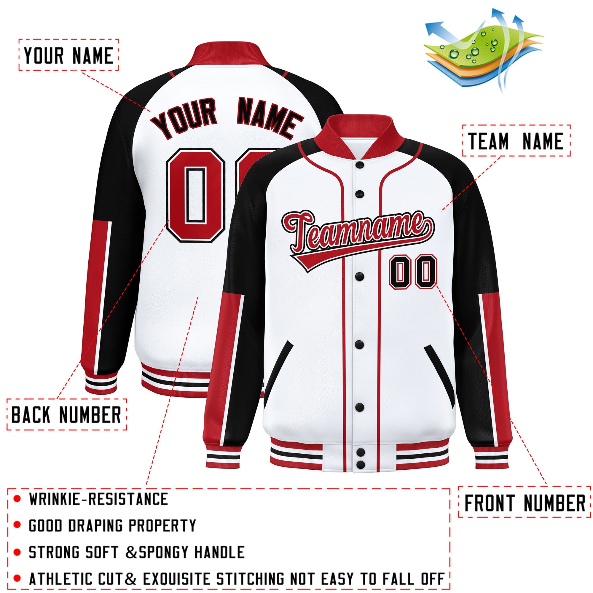 Custom White Black-Red Raglan Sleeves Varsity Full-Snap Letterman Baseball Jacket