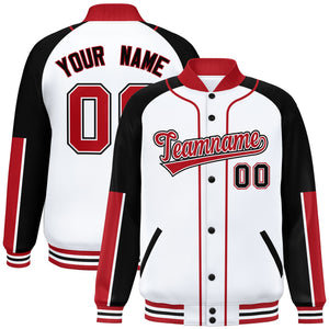 Custom White Black-Red Raglan Sleeves Varsity Full-Snap Letterman Baseball Jacket