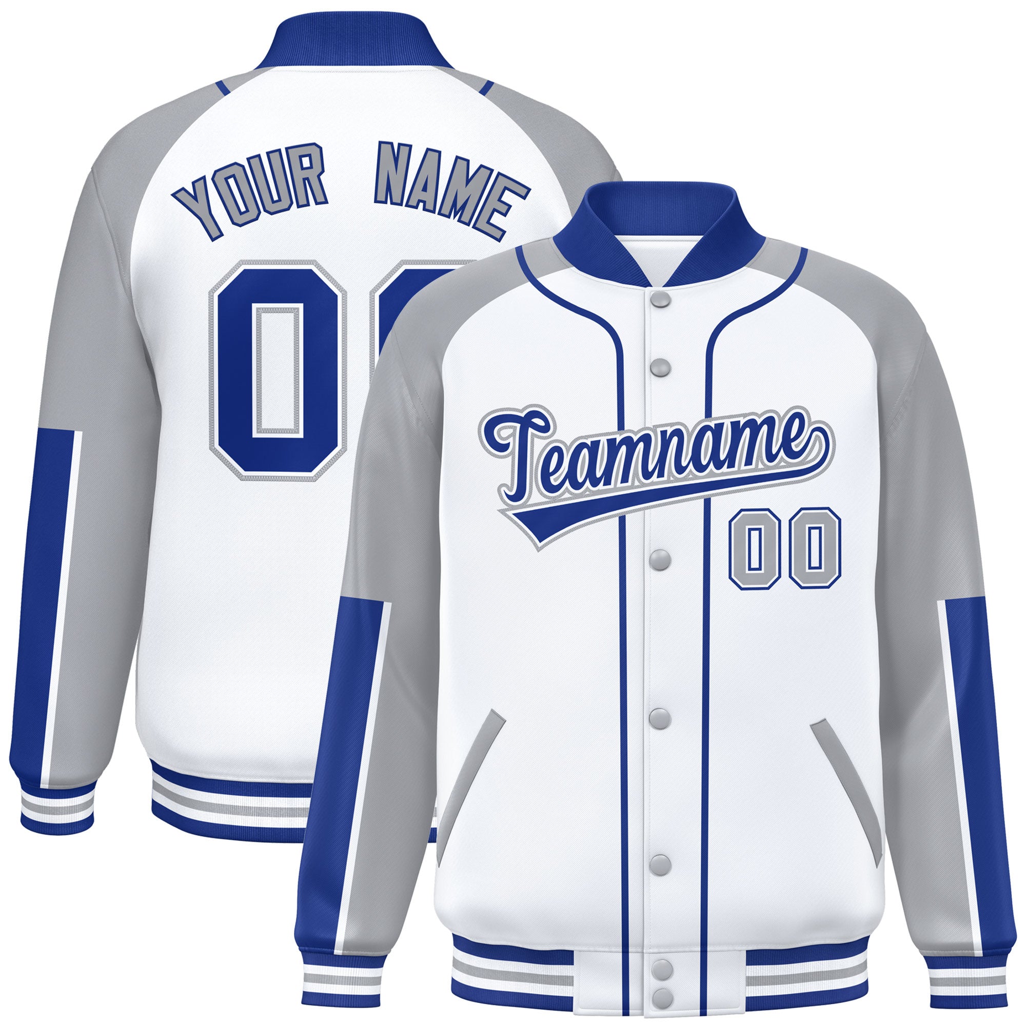 Custom White Gray-Royal Raglan Sleeves Varsity Full-Snap Letterman Baseball Jacket