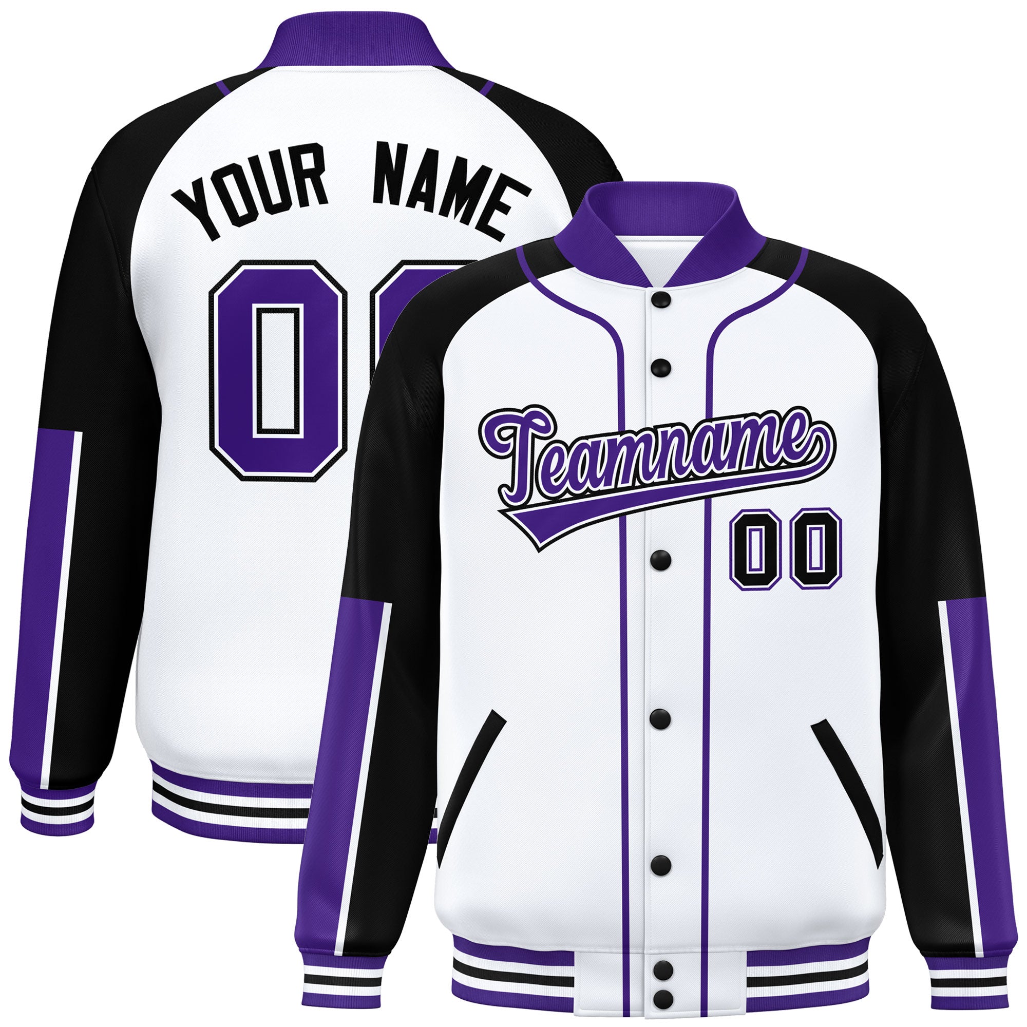 Custom White Black-Purple Raglan Sleeves Varsity Full-Snap Letterman Baseball Jacket