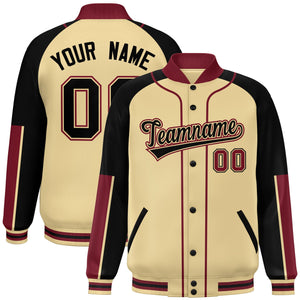 Custom Khaki Black-Crimson Raglan Sleeves Varsity Full-Snap Letterman Baseball Jacket