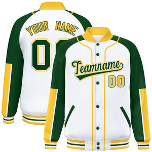 Custom White Green-Gold Raglan Sleeves Varsity Full-Snap Letterman Baseball Jacket