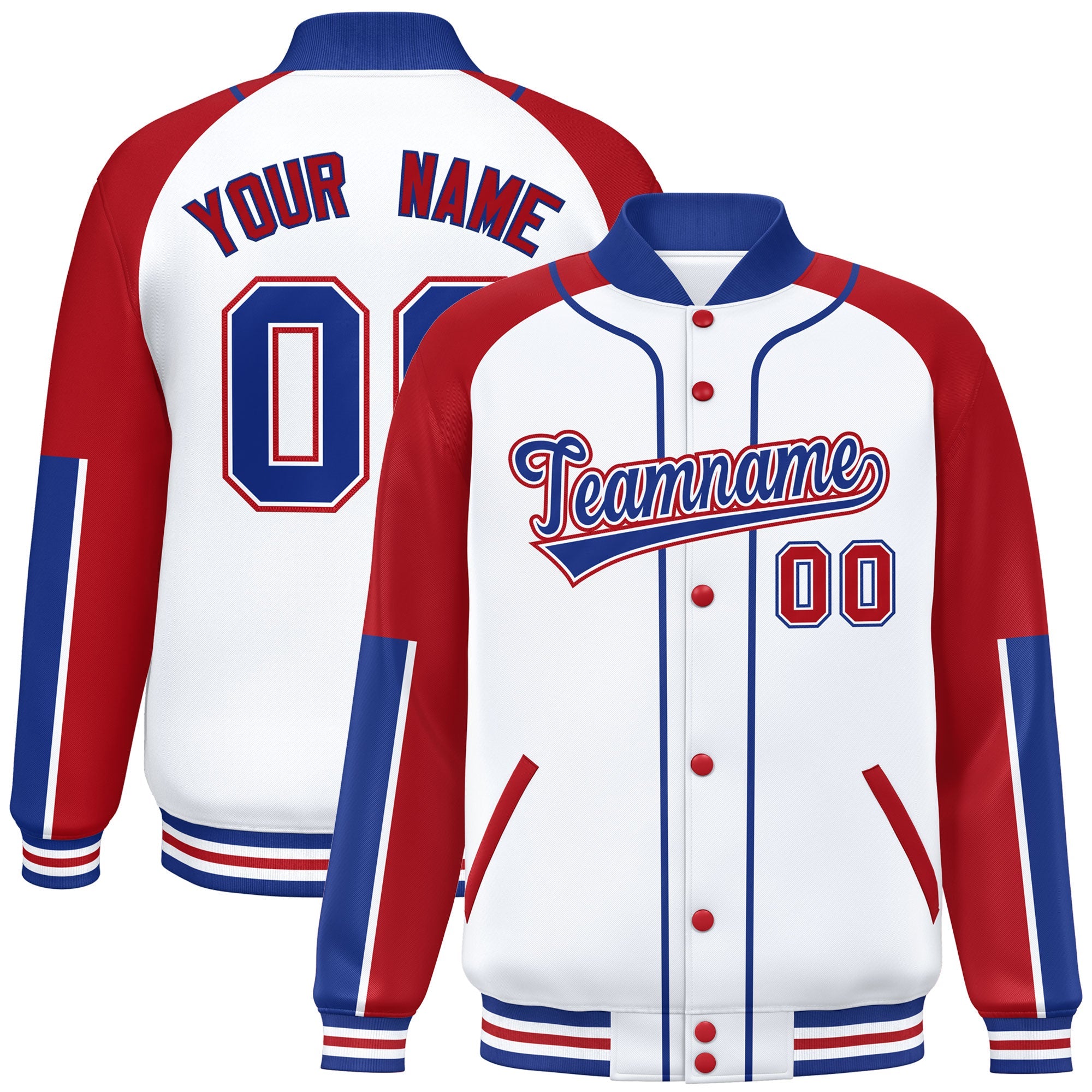 Custom White Red-Royal Raglan Sleeves Varsity Full-Snap Letterman Baseball Jacket