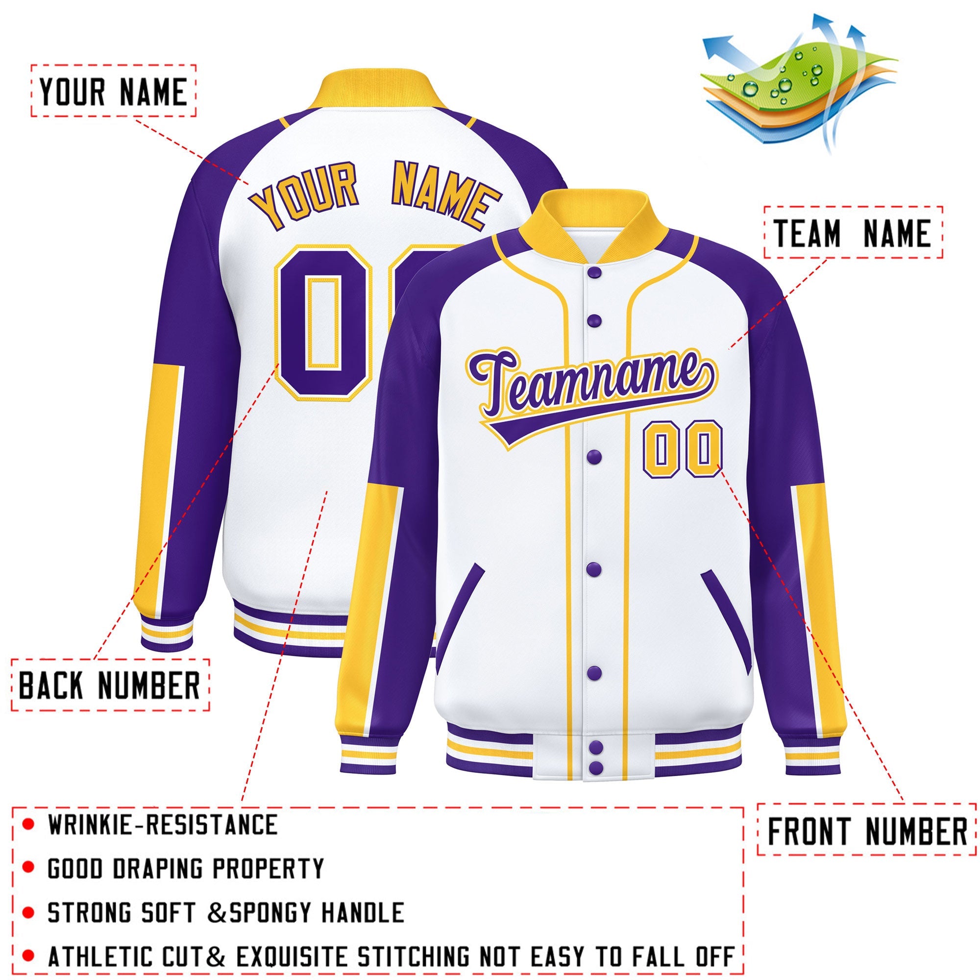 Custom White Purple-Gold Raglan Sleeves Varsity Full-Snap Letterman Baseball Jacket