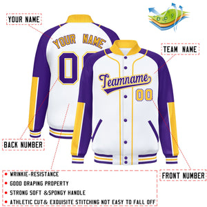 Custom White Purple-Gold Raglan Sleeves Varsity Full-Snap Letterman Baseball Jacket