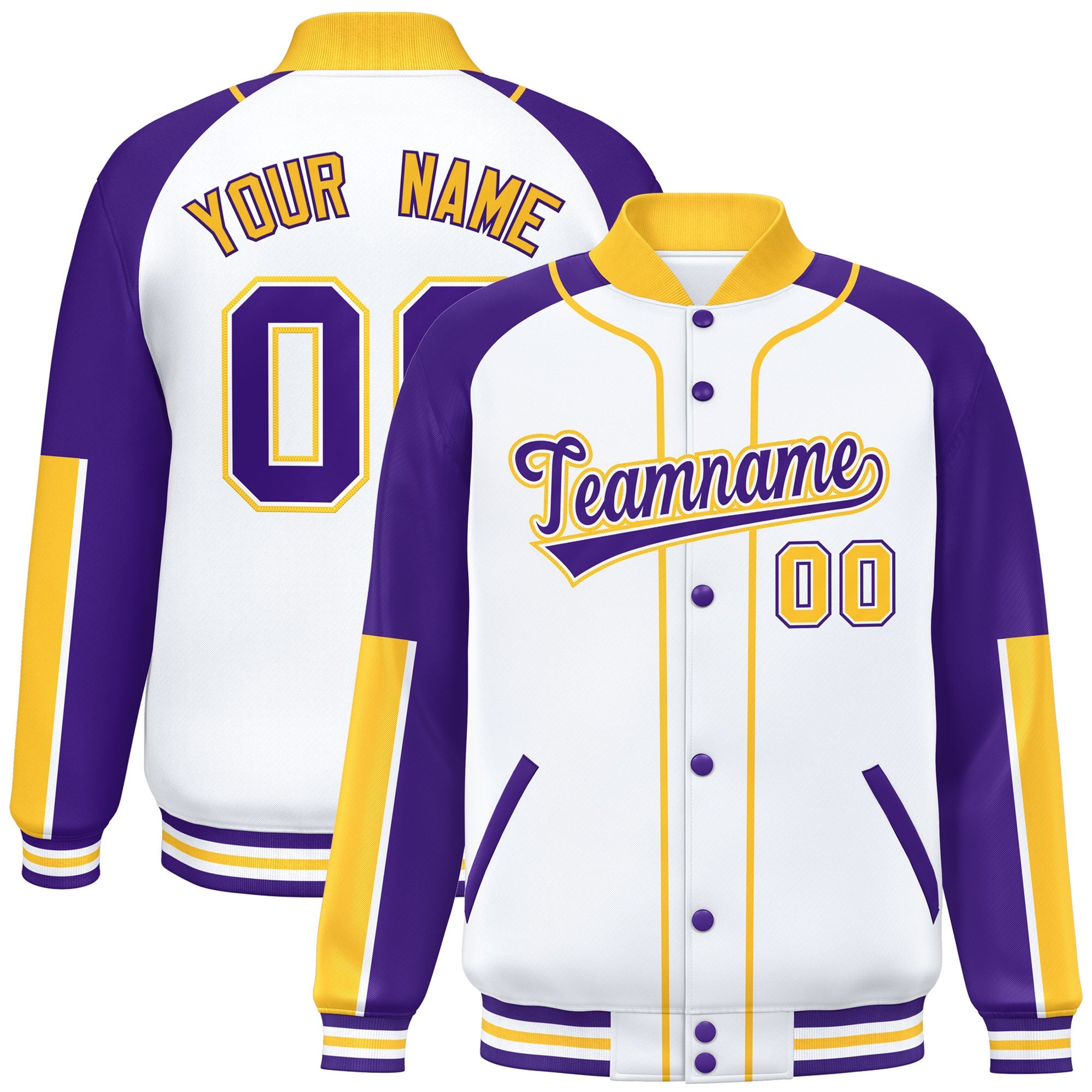 Custom White Purple-Gold Raglan Sleeves Varsity Full-Snap Letterman Baseball Jacket