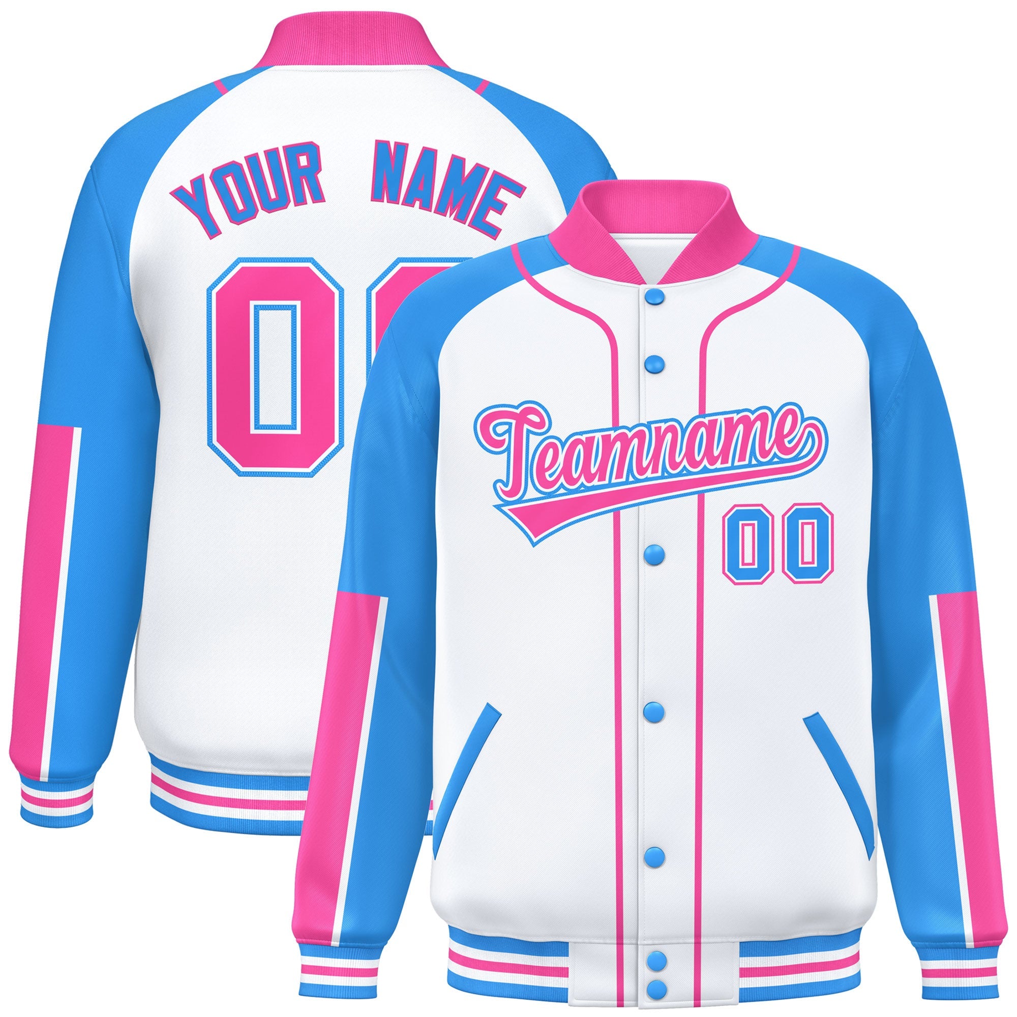 Custom White Powder Blue-Pink Raglan Sleeves Varsity Full-Snap Letterman Baseball Jacket