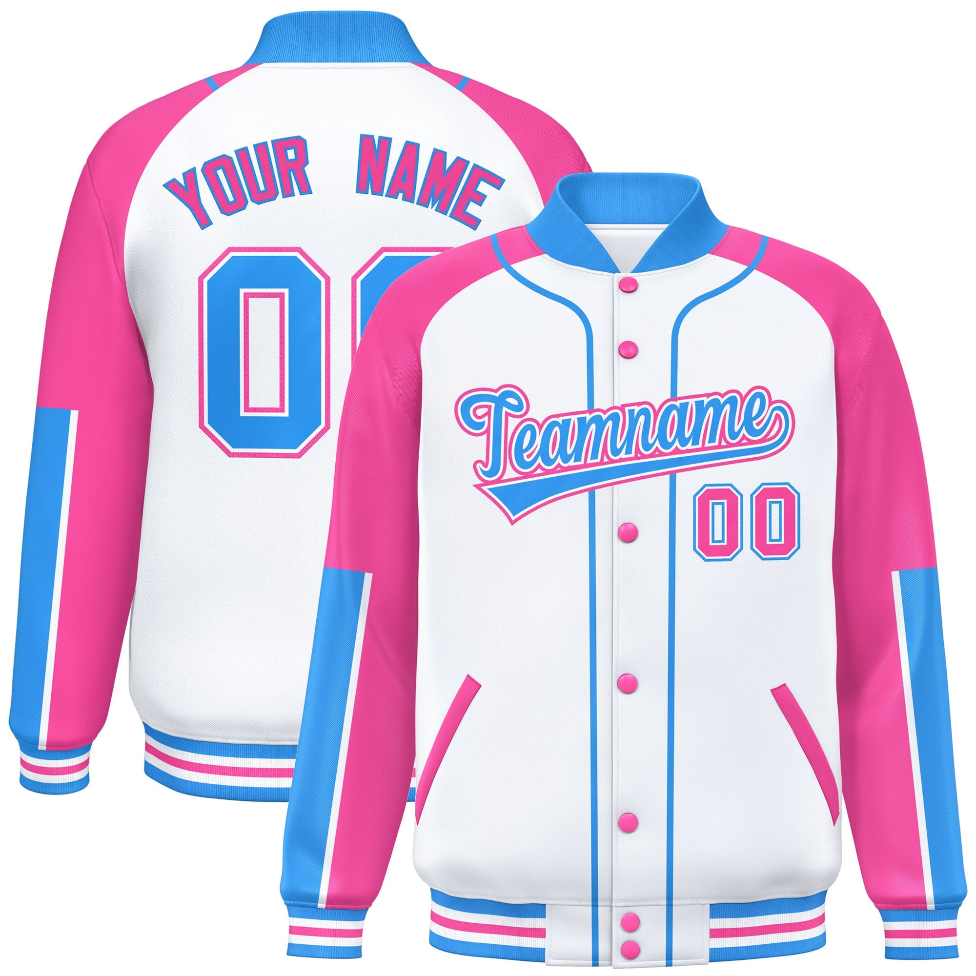 Custom White Pink-Powder Blue Raglan Sleeves Varsity Full-Snap Letterman Baseball Jacket