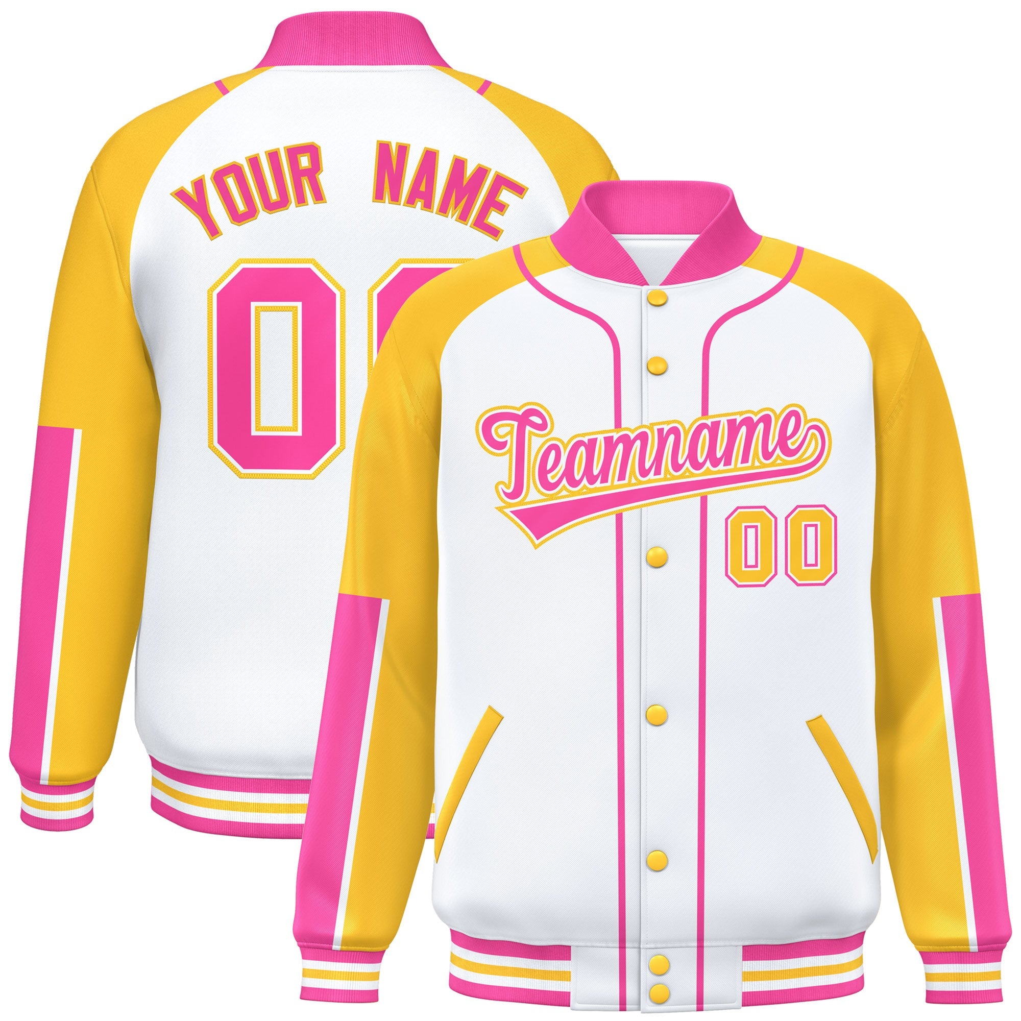 Custom White Gold-Pink Raglan Sleeves Varsity Full-Snap Letterman Baseball Jacket