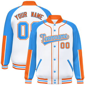 Custom White Powder Blue-Orange Raglan Sleeves Varsity Full-Snap Letterman Baseball Jacket