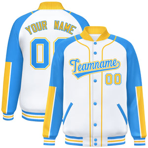 Custom White Powder Blue-Gold Raglan Sleeves Varsity Full-Snap Letterman Baseball Jacket