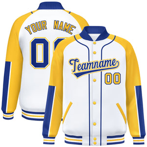 Custom White Gold-Royal Raglan Sleeves Varsity Full-Snap Letterman Baseball Jacket