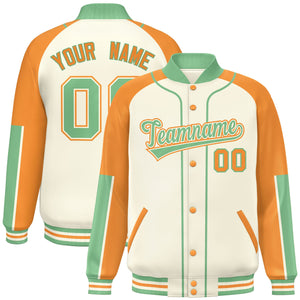 Custom Cream 0-Green Raglan Sleeves Varsity Full-Snap Letterman Baseball Jacket