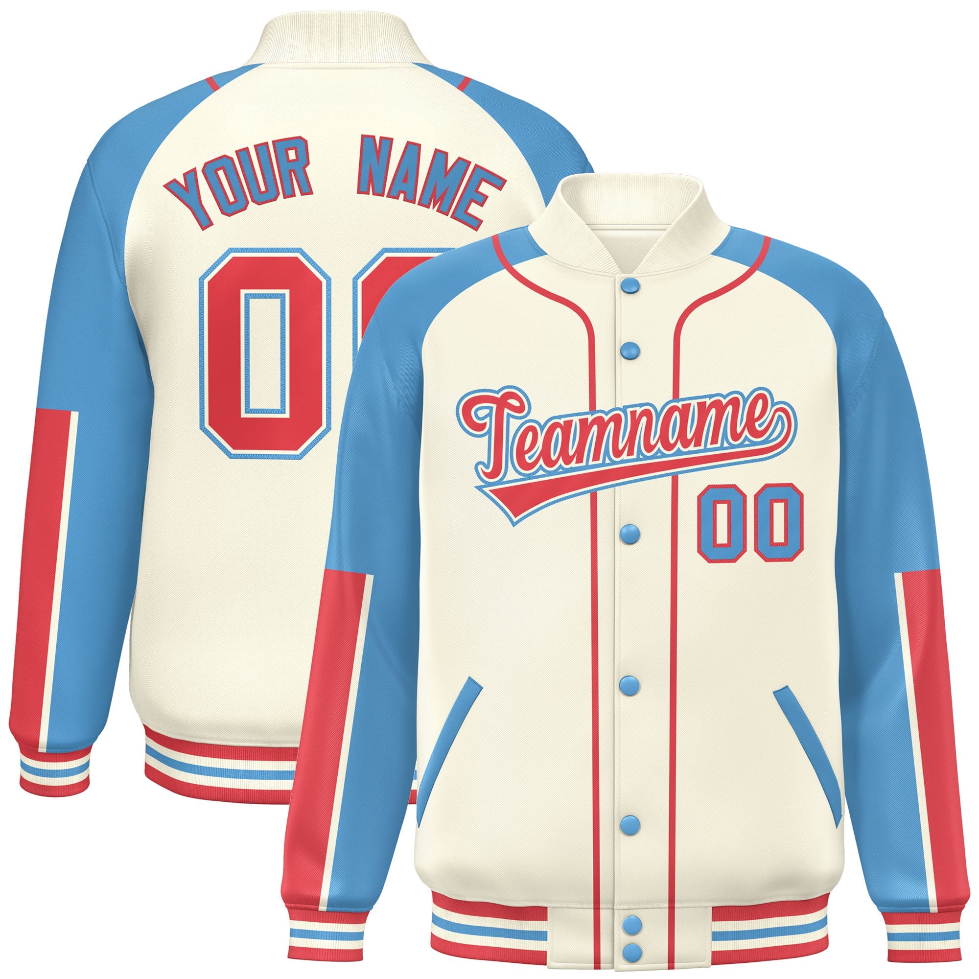 Custom Cream Light Blue-Cream Raglan Sleeves Varsity Full-Snap Letterman Baseball Jacket