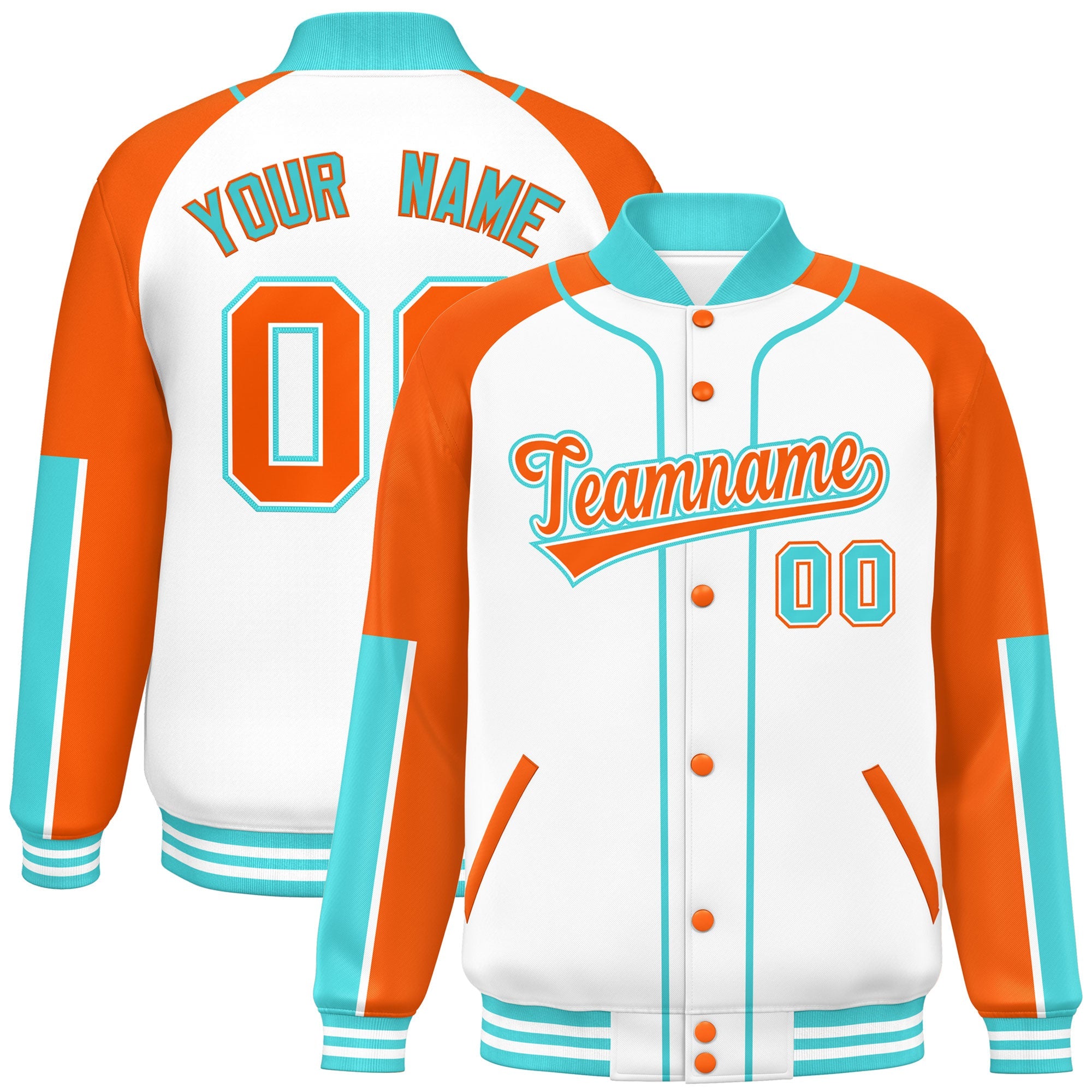 Custom White Orange-Bright Green Raglan Sleeves Varsity Full-Snap Letterman Baseball Jacket