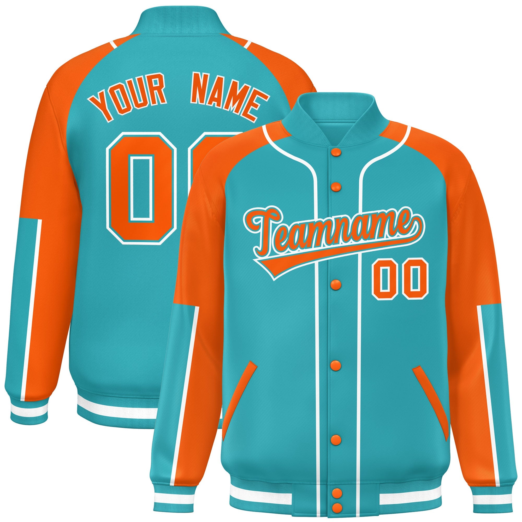 Custom Aqua Orange-Aqua Raglan Sleeves Varsity Full-Snap Letterman Baseball Jacket