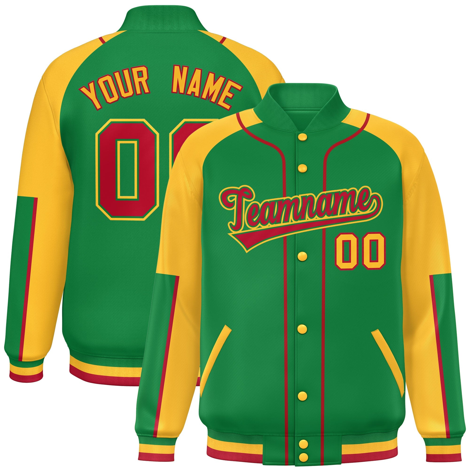 Custom Kelly Green Gold-Kelly Green Raglan Sleeves Varsity Full-Snap Letterman Baseball Jacket