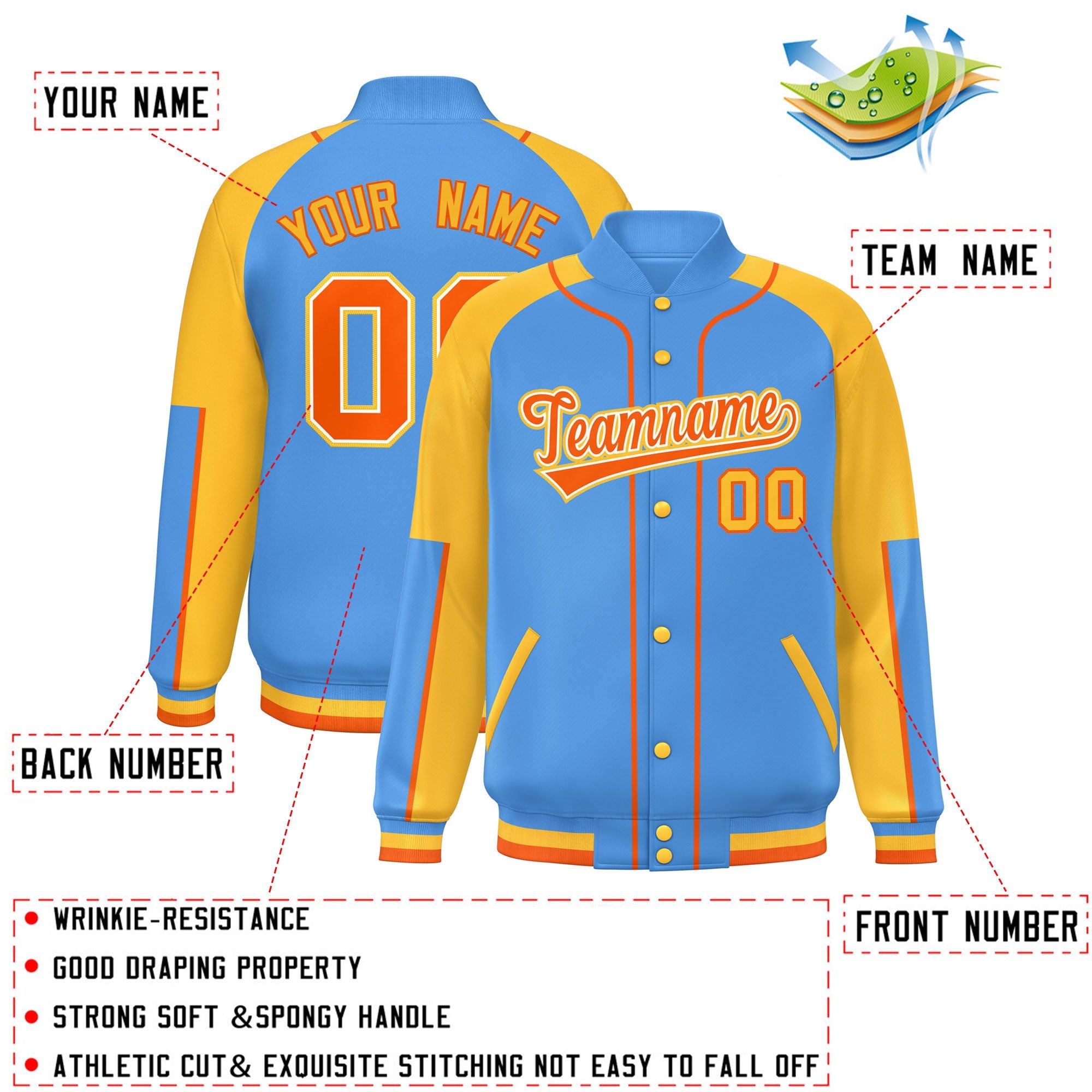 Custom Powder Blue Gold-Powder Blue Raglan Sleeves Varsity Full-Snap Letterman Baseball Jacket