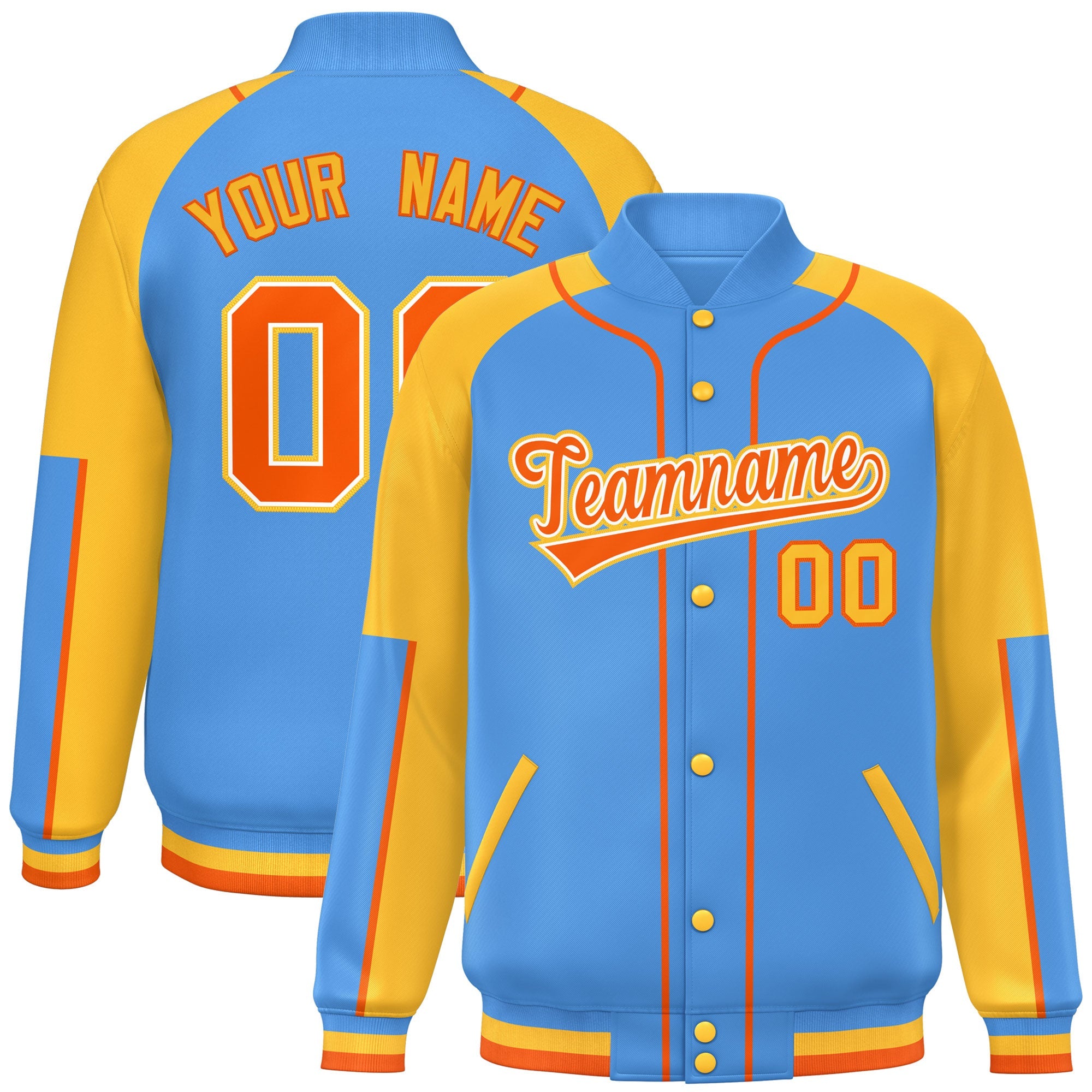 Custom Powder Blue Gold-Powder Blue Raglan Sleeves Varsity Full-Snap Letterman Baseball Jacket