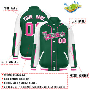 Custom Green White-Green Raglan Sleeves Varsity Full-Snap Letterman Baseball Jacket