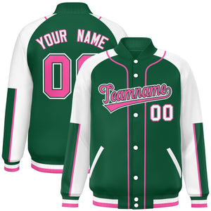 Custom Green White-Green Raglan Sleeves Varsity Full-Snap Letterman Baseball Jacket