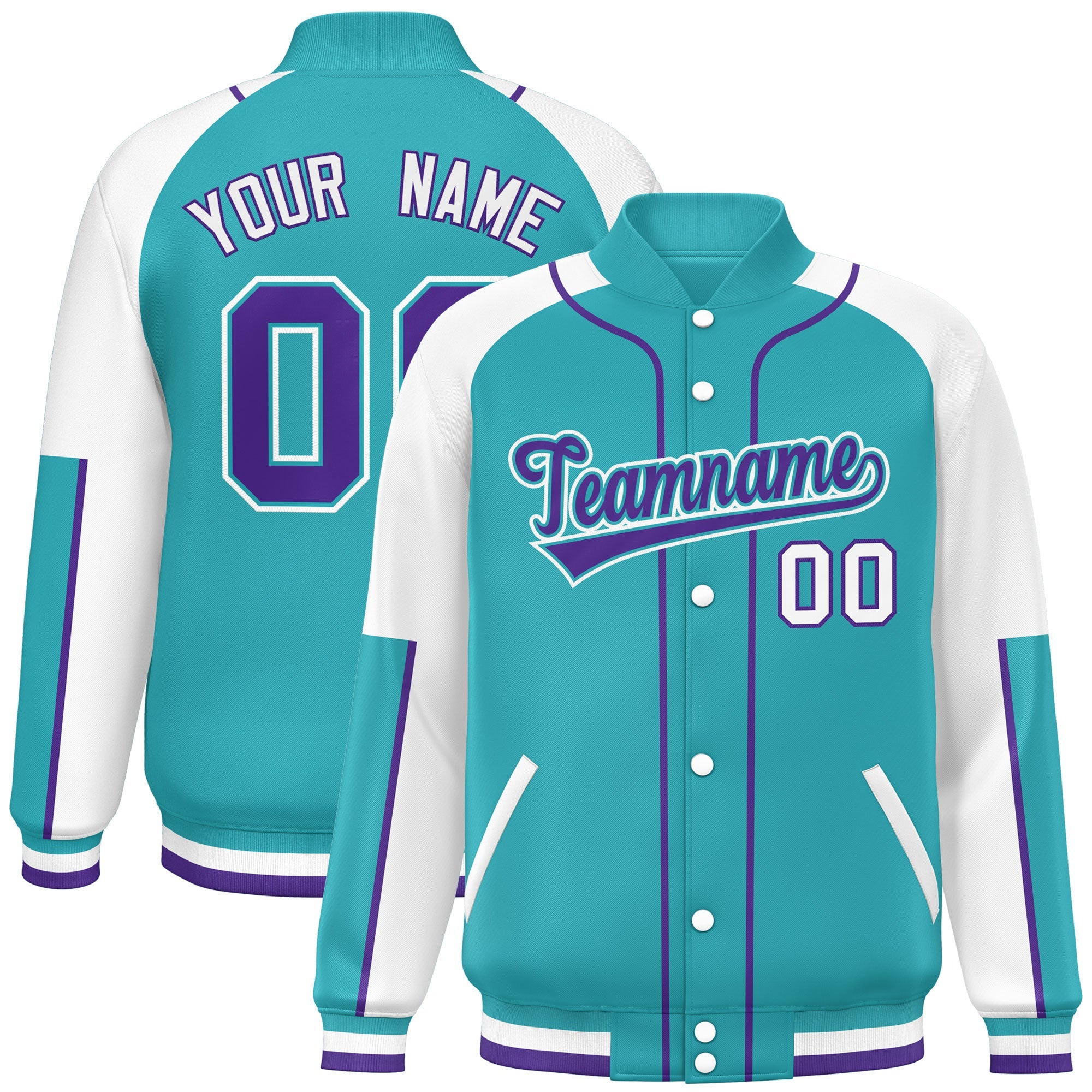 Custom Aqua White-Aqua Raglan Sleeves Varsity Full-Snap Letterman Baseball Jacket