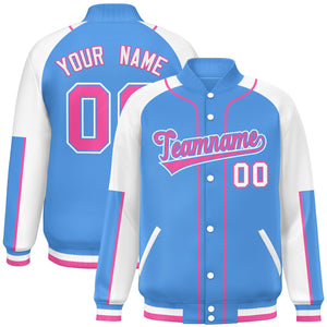 Custom Powder Blue White-Powder Blue Raglan Sleeves Varsity Full-Snap Letterman Baseball Jacket