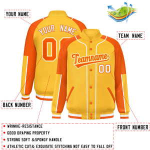 Custom Gold Orange-Gold Raglan Sleeves Varsity Full-Snap Letterman Baseball Jacket