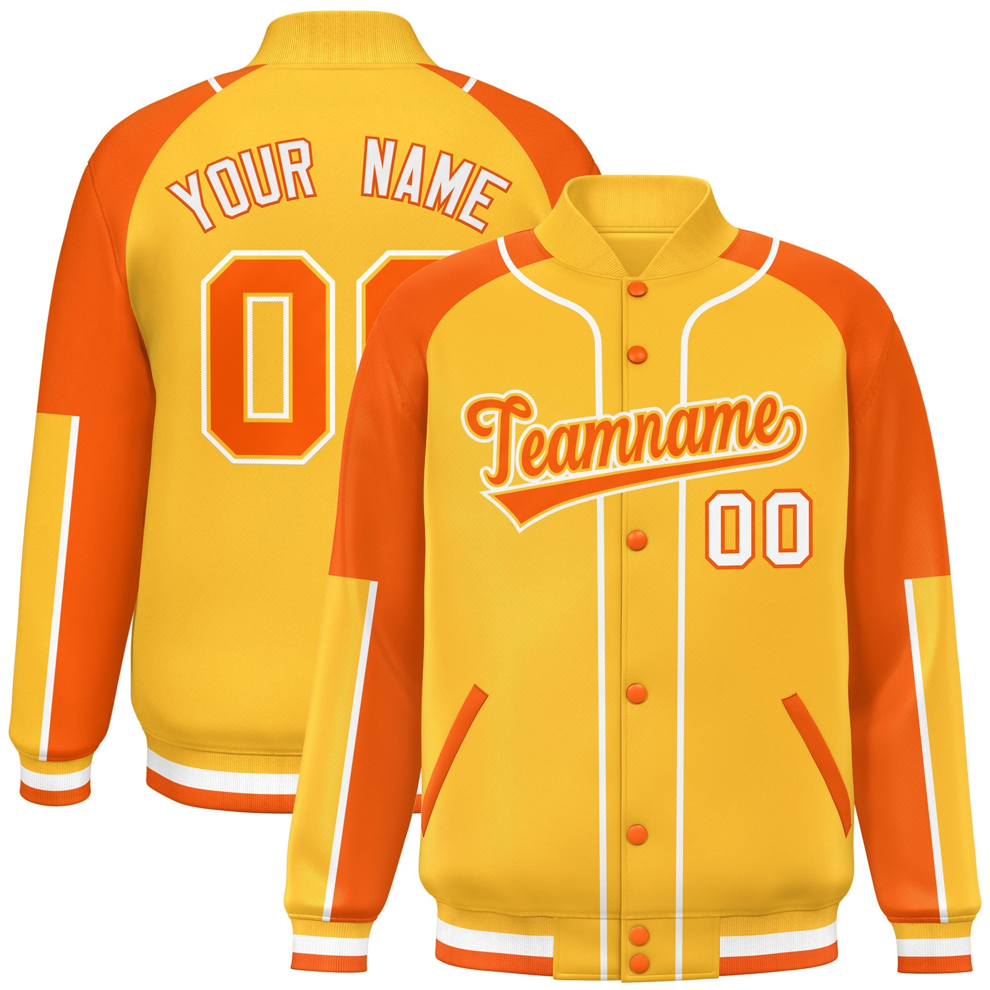 Custom Gold Orange-Gold Raglan Sleeves Varsity Full-Snap Letterman Baseball Jacket