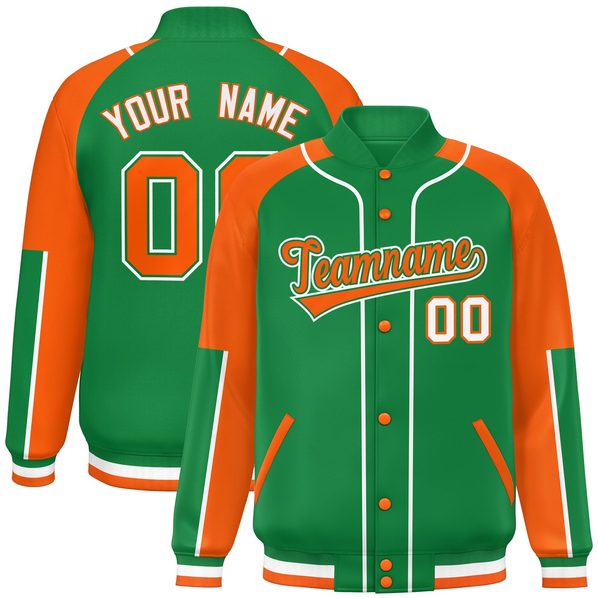 Custom Kelly Green Orange-Kelly Green Raglan Sleeves Varsity Full-Snap Letterman Baseball Jacket