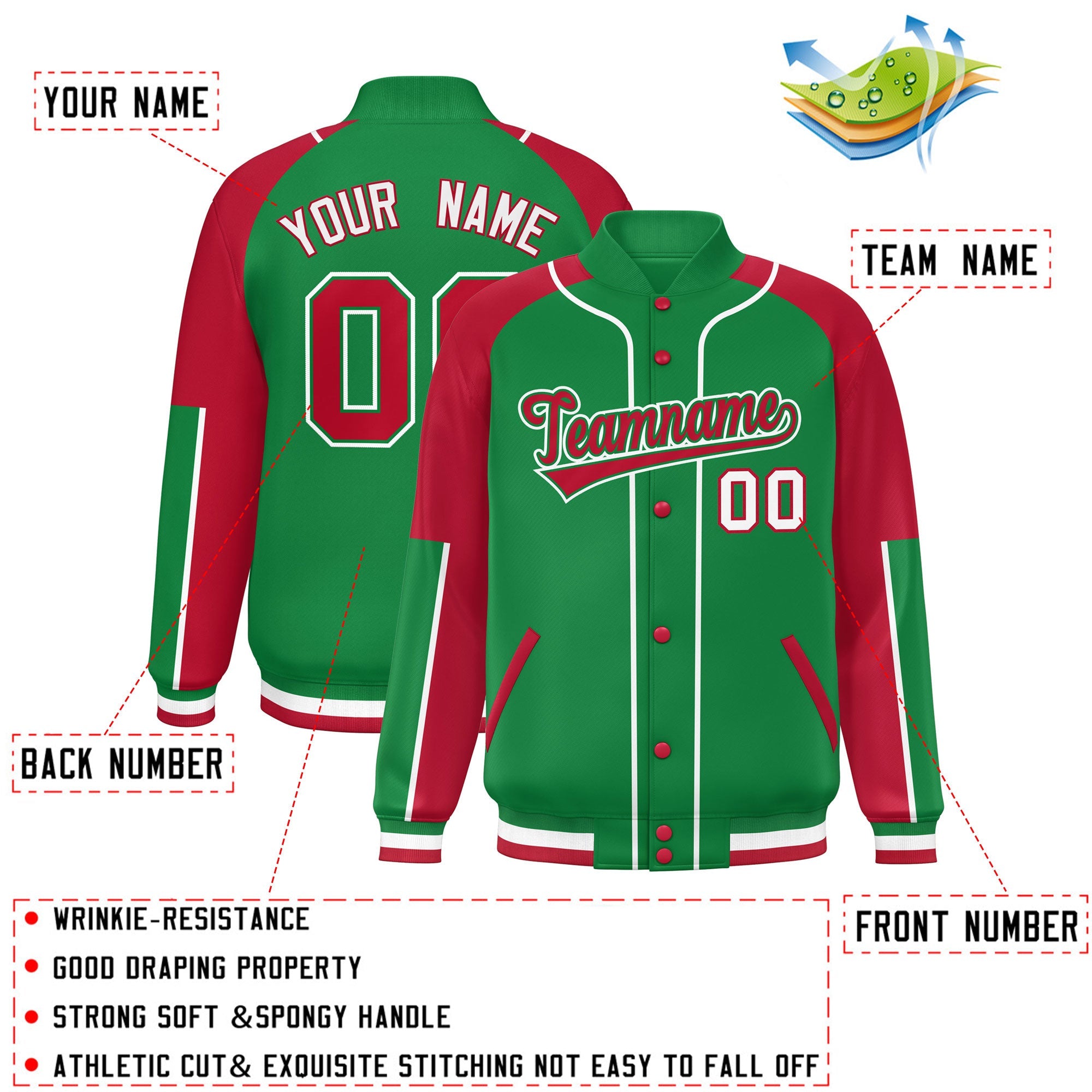 Custom Kelly Green Red-Kelly Green Raglan Sleeves Varsity Full-Snap Letterman Baseball Jacket