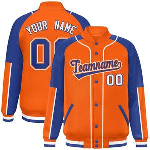 Custom Orange Royal-Orange Raglan Sleeves Varsity Full-Snap Letterman Baseball Jacket