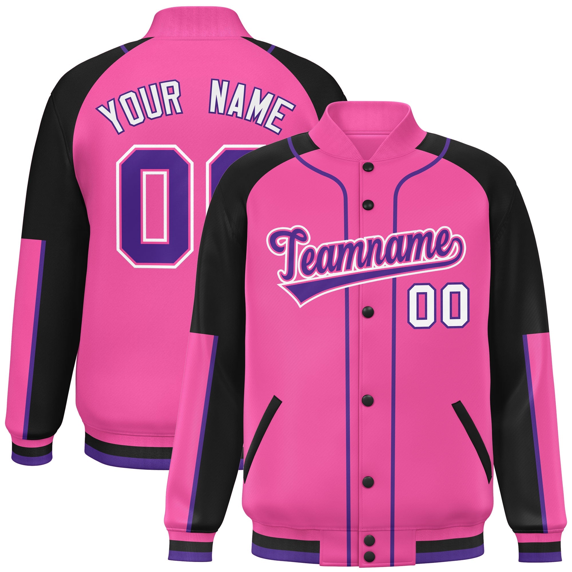 Custom Pink Black-Pink Raglan Sleeves Varsity Full-Snap Letterman Baseball Jacket