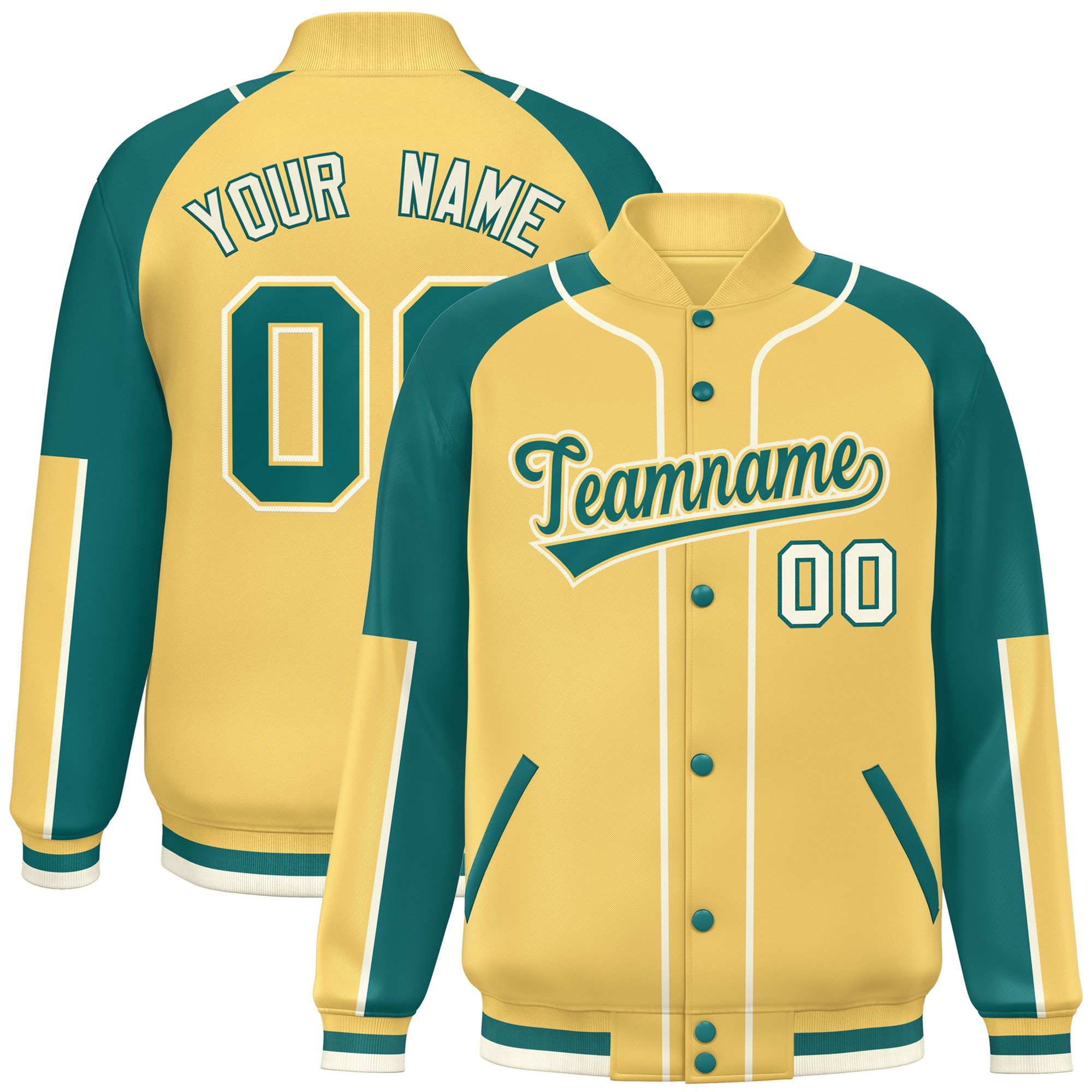 Custom Khaki Aqua-Khaki Raglan Sleeves Varsity Full-Snap Letterman Baseball Jacket