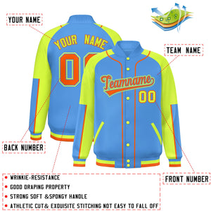 Custom Powder Blue Neon Green-Powder Blue Raglan Sleeves Varsity Full-Snap Letterman Baseball Jacket