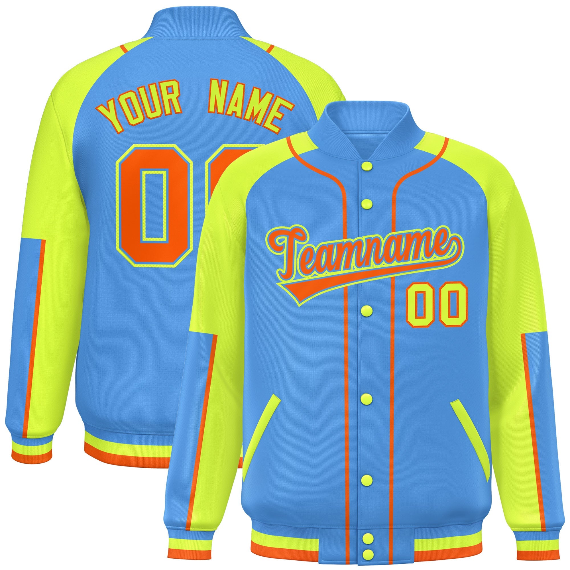 Custom Powder Blue Neon Green-Powder Blue Raglan Sleeves Varsity Full-Snap Letterman Baseball Jacket